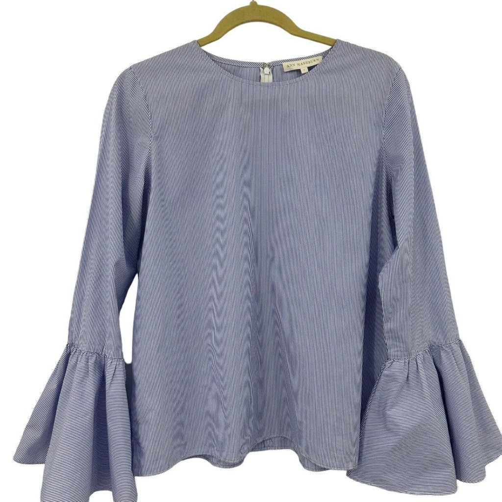 Ann Mashburn Blue Stripe Blouse Top Flare Bell Sleeve Shirt Preppy Sz L